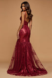 Dark Red Mermaid Deep V-Neck Lace Prom Dress