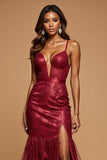 Dark Red Mermaid Deep V-Neck Lace Prom Dress