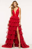 Red A-Line Deep V Neck Ruffles Tulle Long Prom Dress with Slit