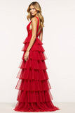 Red A-Line Deep V Neck Ruffles Tulle Long Prom Dress with Slit