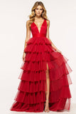 Red A-Line Deep V Neck Ruffles Tulle Long Prom Dress with Slit