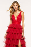 Red A-Line Deep V Neck Ruffles Tulle Long Prom Dress with Slit