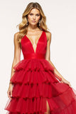 Red A-Line Deep V Neck Ruffles Tulle Long Prom Dress with Slit