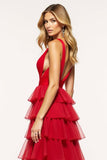 Red A-Line Deep V Neck Ruffles Tulle Long Prom Dress with Slit