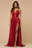 Dark Red A-Line Spaghetti Straps Pleated Satin Long Prom Dress with Slit