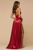 Dark Red A-Line Spaghetti Straps Pleated Satin Long Prom Dress with Slit