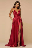 Dark Red A-Line Spaghetti Straps Pleated Satin Long Prom Dress with Slit