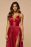 Dark Red A-Line Spaghetti Straps Pleated Satin Long Prom Dress with Slit