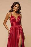 Dark Red A-Line Spaghetti Straps Pleated Satin Long Prom Dress with Slit