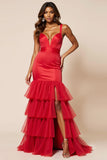 Red Mermaid Spaghetti Straps Ruffles Long Prom Dress with Slit