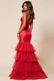 Red Mermaid Spaghetti Straps Ruffles Long Prom Dress with Slit