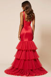 Red Mermaid Spaghetti Straps Ruffles Long Prom Dress with Slit