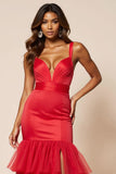 Red Mermaid Spaghetti Straps Ruffles Long Prom Dress with Slit