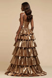 Metallic Gold A-Line Spaghetti Straps Ruffles Long Prom Dress with Slit