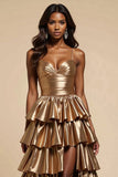 Metallic Gold A-Line Spaghetti Straps Ruffles Long Prom Dress with Slit