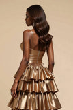 Metallic Gold A-Line Spaghetti Straps Ruffles Long Prom Dress with Slit