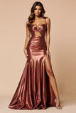 Brown Mermaid Spaghetti Straps Ruched Hollow Out Long Prom Dress with Slit