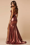 Brown Mermaid Spaghetti Straps Ruched Hollow Out Long Prom Dress with Slit