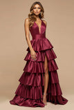 Burgundy A-Line Deep V Neck Ruffles Satin Long Prom Dress with Slit