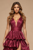 Burgundy A-Line Deep V Neck Ruffles Satin Long Prom Dress with Slit