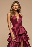 Burgundy A-Line Deep V Neck Ruffles Satin Long Prom Dress with Slit