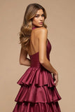 Burgundy A-Line Deep V Neck Ruffles Satin Long Prom Dress with Slit