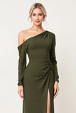 Olive Sheath Long Sleeve Bridesmaid Dress With Slit