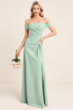 Mint Off The Shoulder Sheath Long Bridesmaid Dress