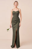 Olive Sheath Spaghetti Straps Bridesmaid Dress With Slit