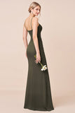 Olive Sheath Spaghetti Straps Bridesmaid Dress With Slit