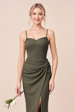 Olive Sheath Spaghetti Straps Bridesmaid Dress With Slit