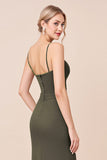 Olive Sheath Spaghetti Straps Bridesmaid Dress With Slit