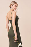 Olive Sheath Spaghetti Straps Bridesmaid Dress With Slit