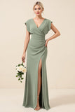 Chiffon V-Neck Long Eucalyptus Bridesmaid Dress With Slit