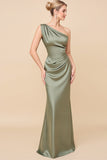 One Shoulder Sheath Eucalyptus Ruched Bridesmaid Dress