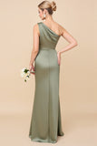 One Shoulder Sheath Eucalyptus Ruched Bridesmaid Dress