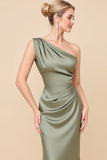 One Shoulder Sheath Eucalyptus Ruched Bridesmaid Dress