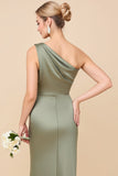 One Shoulder Sheath Eucalyptus Ruched Bridesmaid Dress