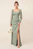 Eucalyptus Square Neck Long Sleeves Bridesmaid Dress with Slit