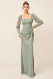 Eucalyptus Square Neck Long Sleeves Bridesmaid Dress with Slit