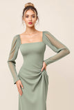 Eucalyptus Square Neck Long Sleeves Bridesmaid Dress with Slit