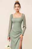 Eucalyptus Square Neck Long Sleeves Bridesmaid Dress with Slit