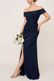 Navy Chiffon Off the Shoulder Ruched Sheath Bridesmaid Dress with Slit