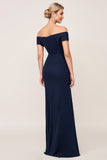 Navy Chiffon Off the Shoulder Ruched Sheath Bridesmaid Dress with Slit