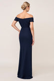 Navy Chiffon Off the Shoulder Ruched Sheath Bridesmaid Dress with Slit