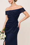 Navy Chiffon Off the Shoulder Ruched Sheath Bridesmaid Dress with Slit