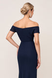 Navy Chiffon Off the Shoulder Ruched Sheath Bridesmaid Dress with Slit