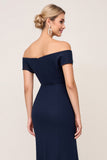 Navy Chiffon Off the Shoulder Ruched Sheath Bridesmaid Dress with Slit