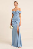 Matte Satin Off the Shoulder Dusty Blue Ruched Sheath Bridesmaid Dress with Slit