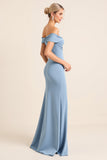 Matte Satin Off the Shoulder Dusty Blue Ruched Sheath Bridesmaid Dress with Slit